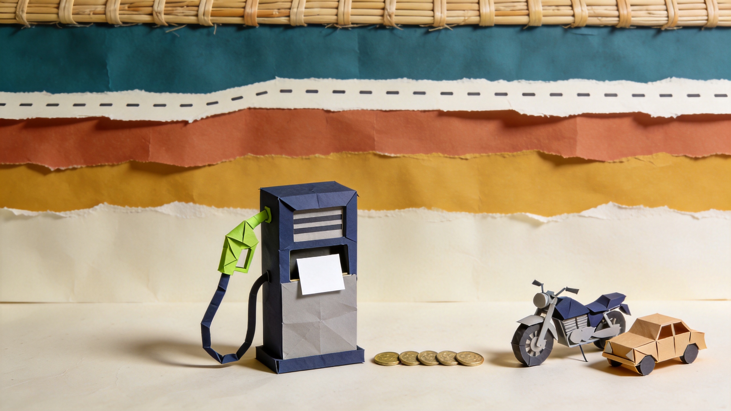 Flat illustration of a fuel pump with an identity card in its slot, a motorcycle and small car on a curving road, and a dotted line levelling off into a plateau