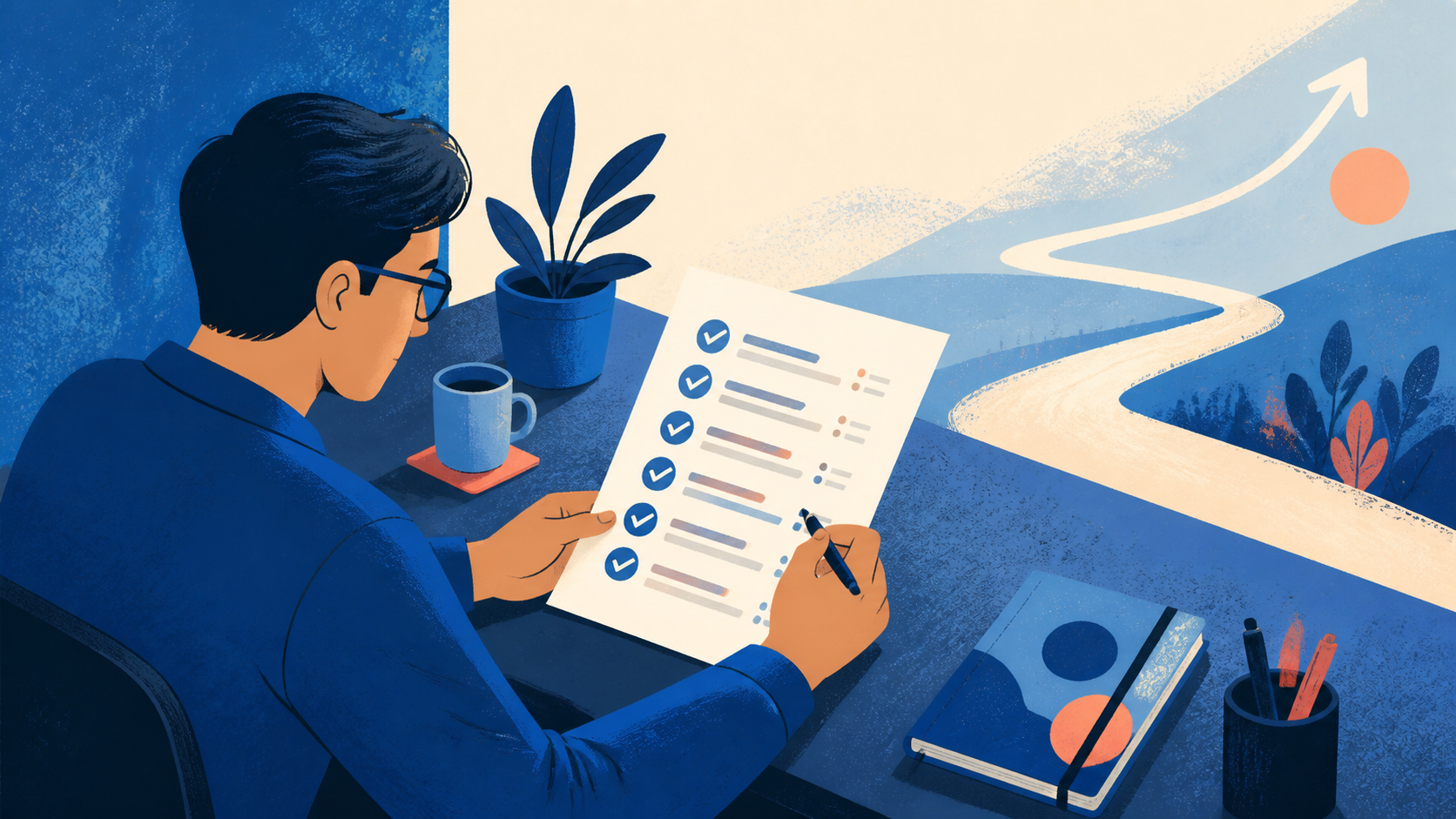 Flat editorial illustration of an applicant checking six application details