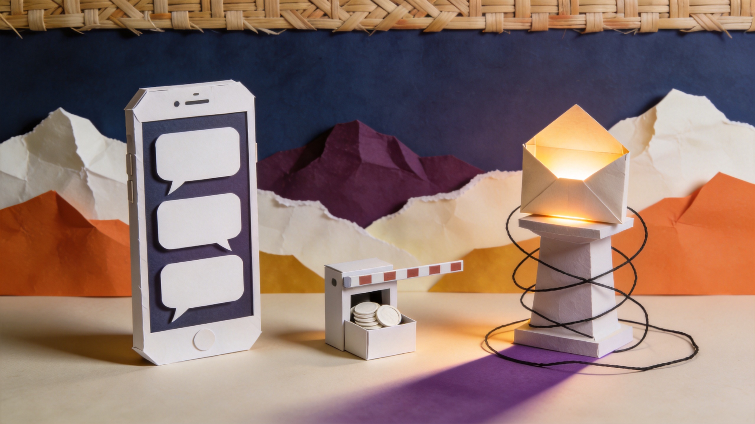 Cut-paper illustration of a toll barrier swallowing coins in front of an empty glowing envelope