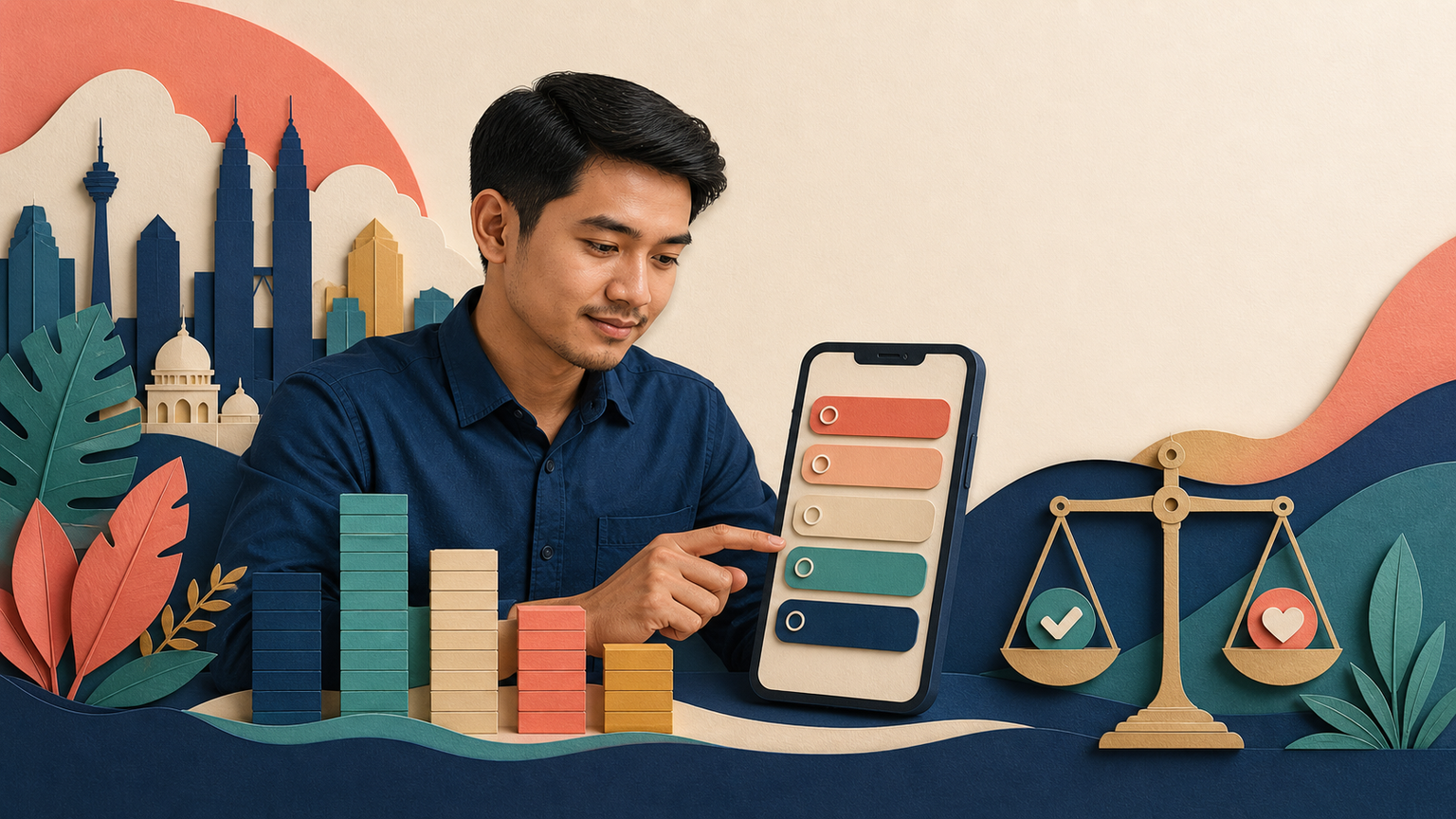 Paper-cut illustration of a Malaysian applicant choosing an accurate monthly income range