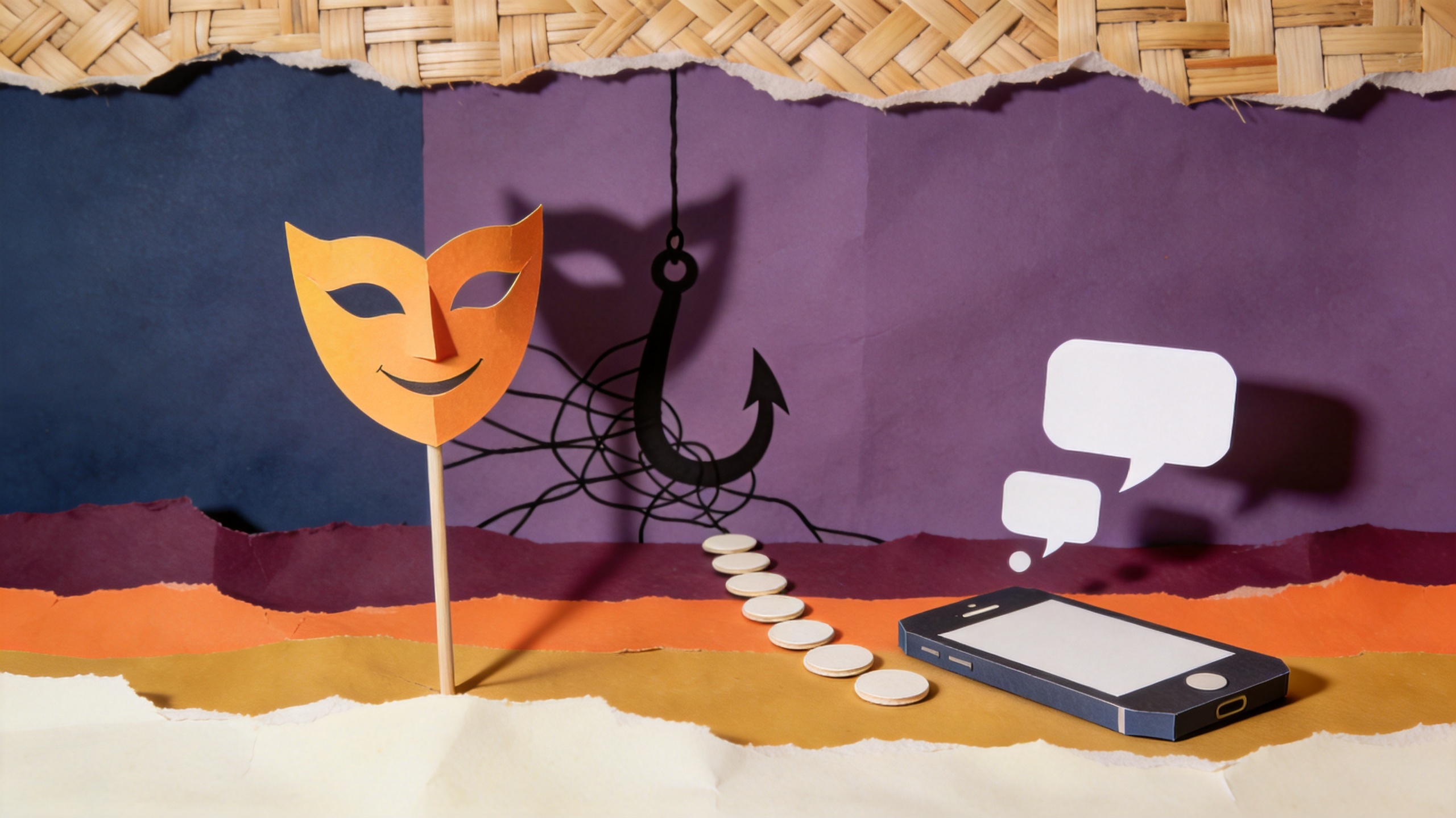 Cut-paper illustration of a friendly mask whose shadow is a fishing hook, with coins leading from a phone toward it