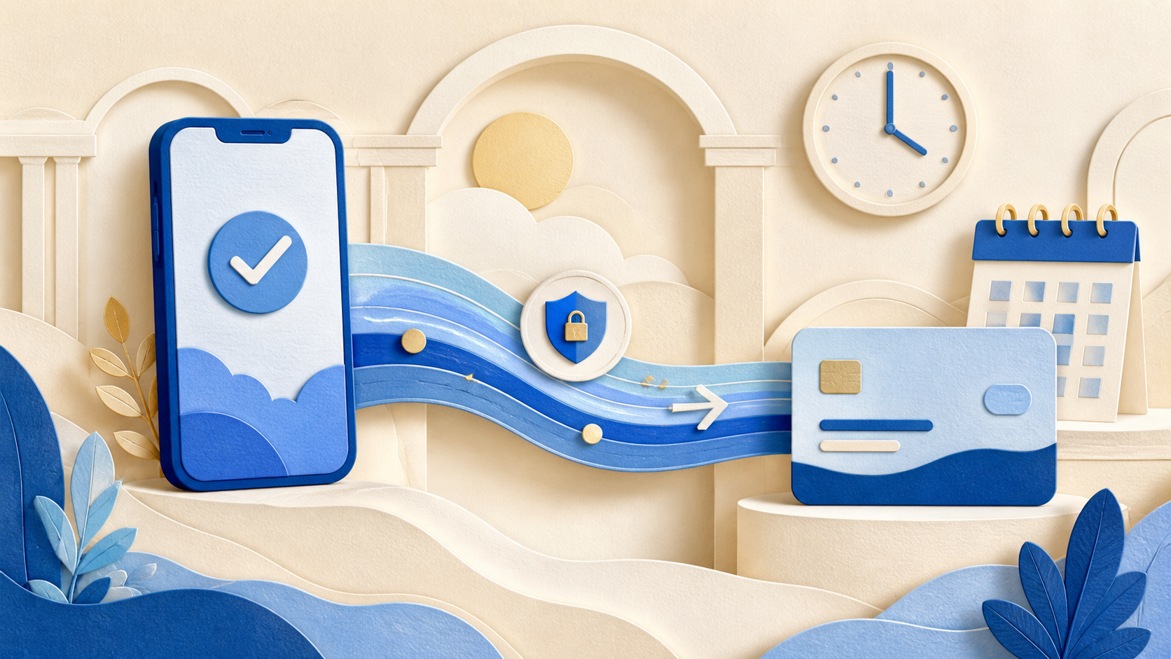 Paper-cut illustration of an approved application moving securely to the applicant's bank account