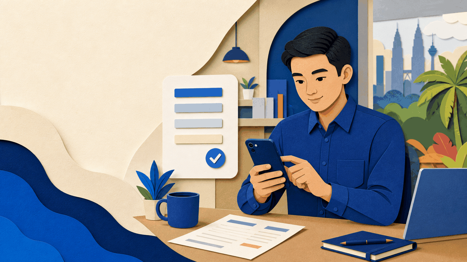 Paper-cut illustration of a Malaysian private-sector employee completing a mobile application
