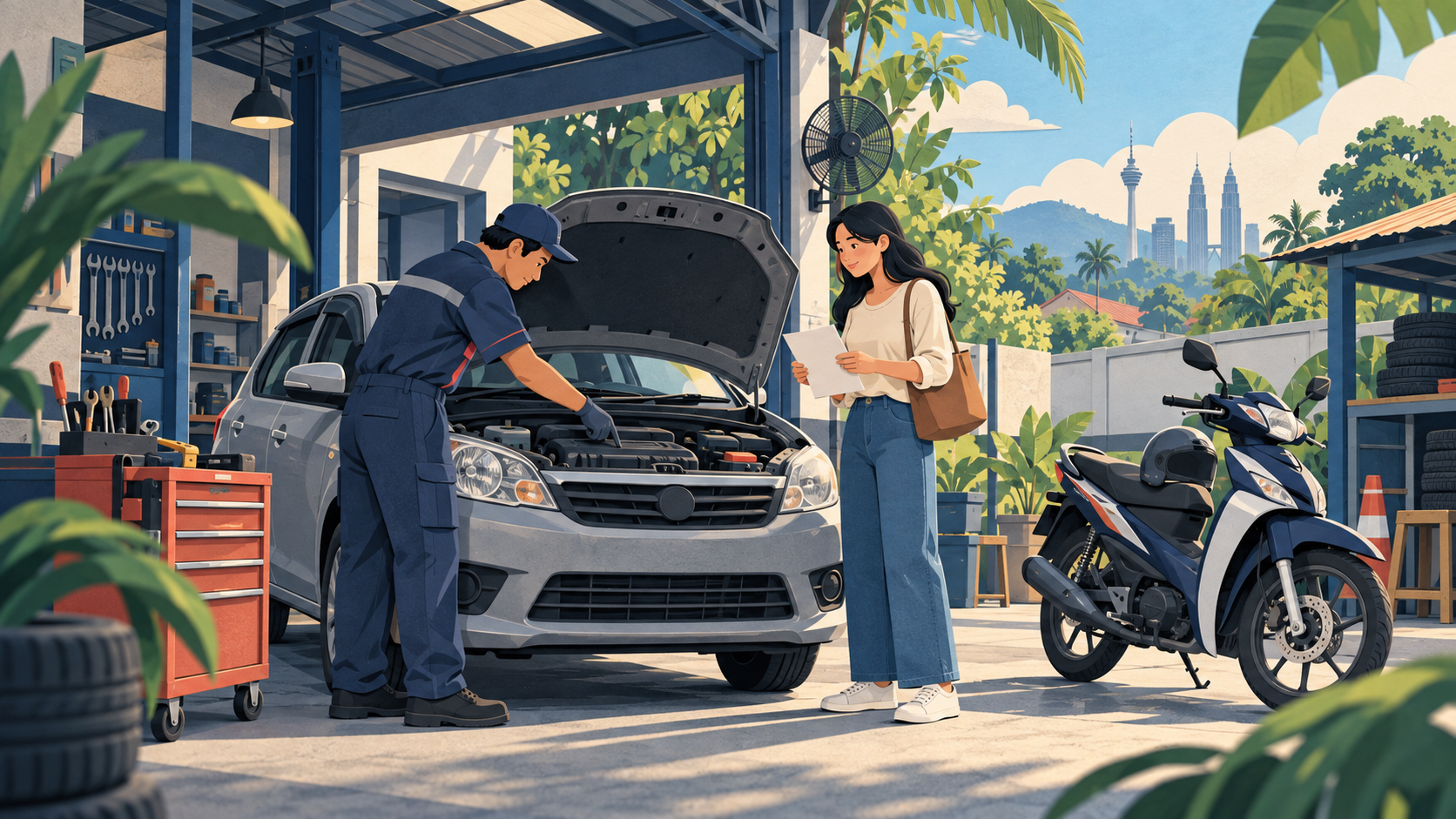 Paper-cut Malaysian workshop scene with a mechanic, car owner, compact car and motorcycle