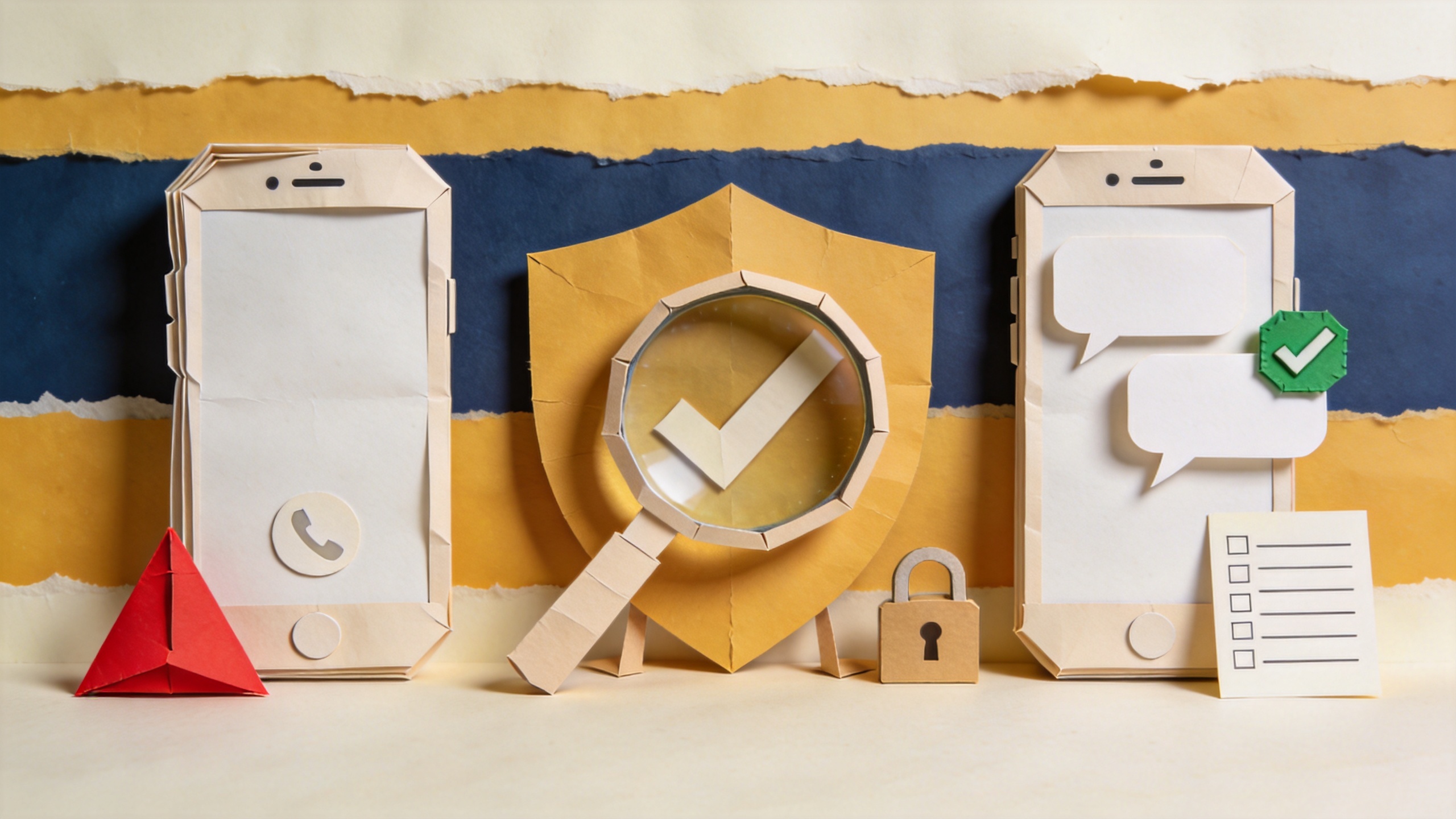 Cut-paper illustration of two paper phones — one flagged with a red warning triangle, one with a green verified badge — and a paper shield with a magnifying glass between them