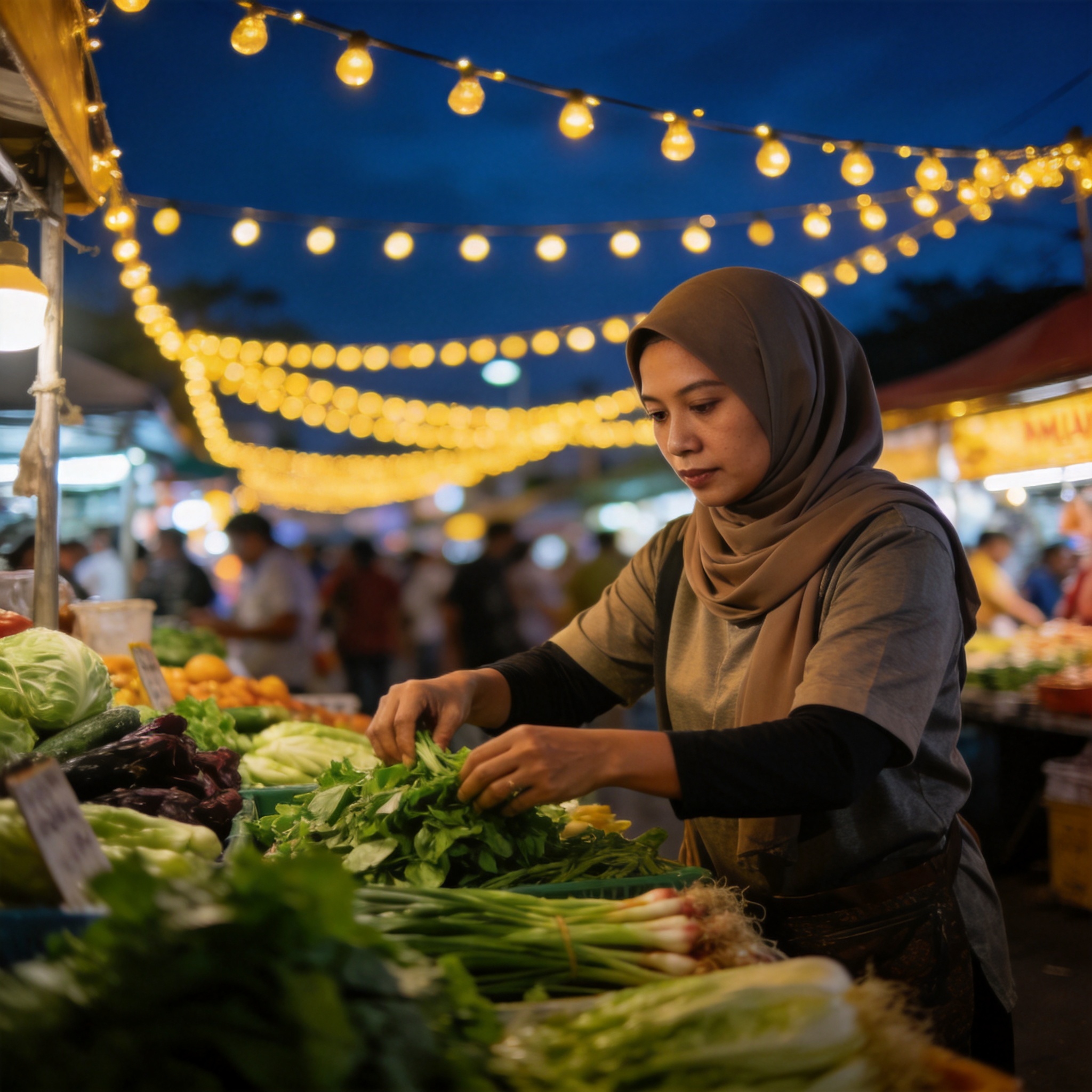 Malaysian Pasar Malam vendor arranging her stall