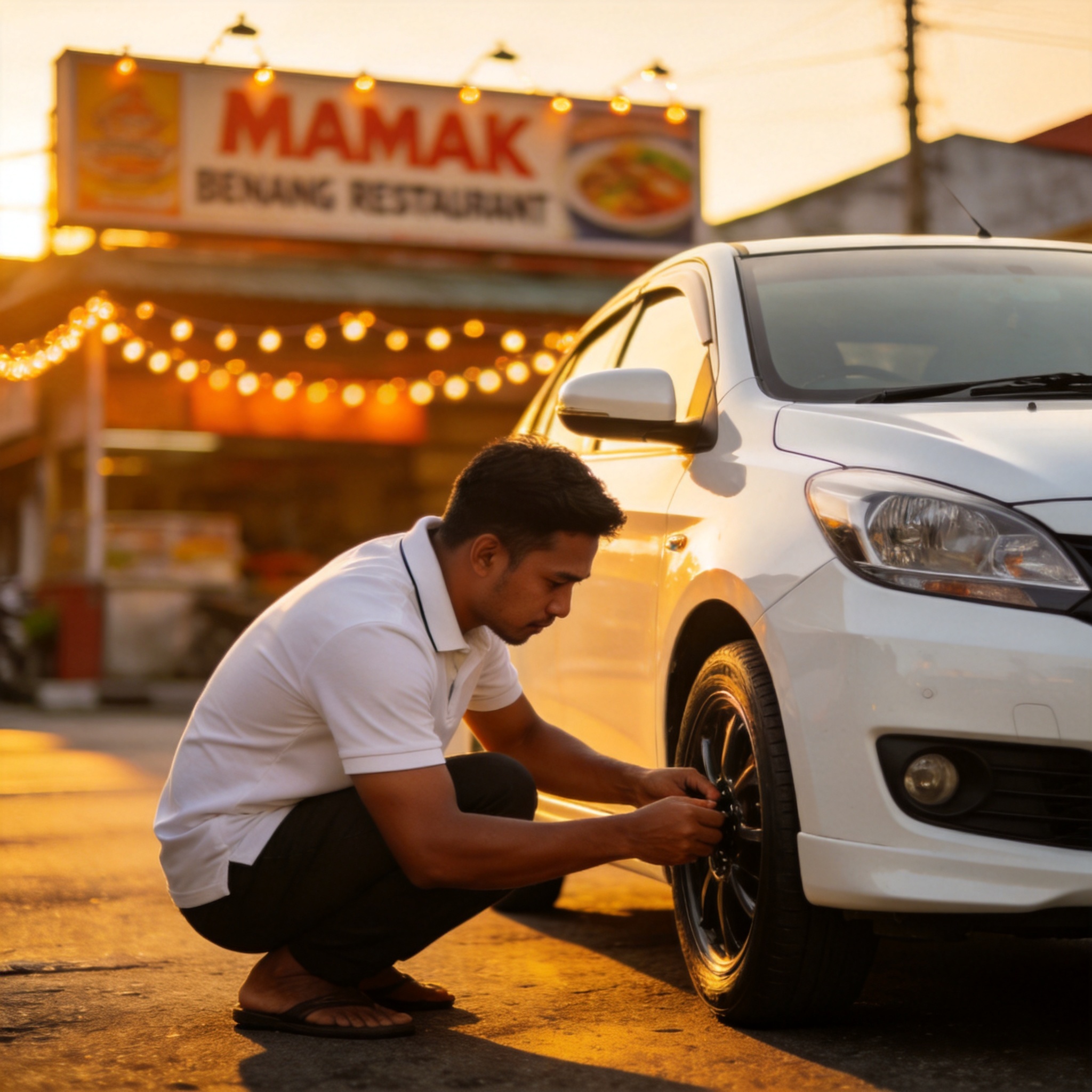 Malaysian Grab driver inspecting his car