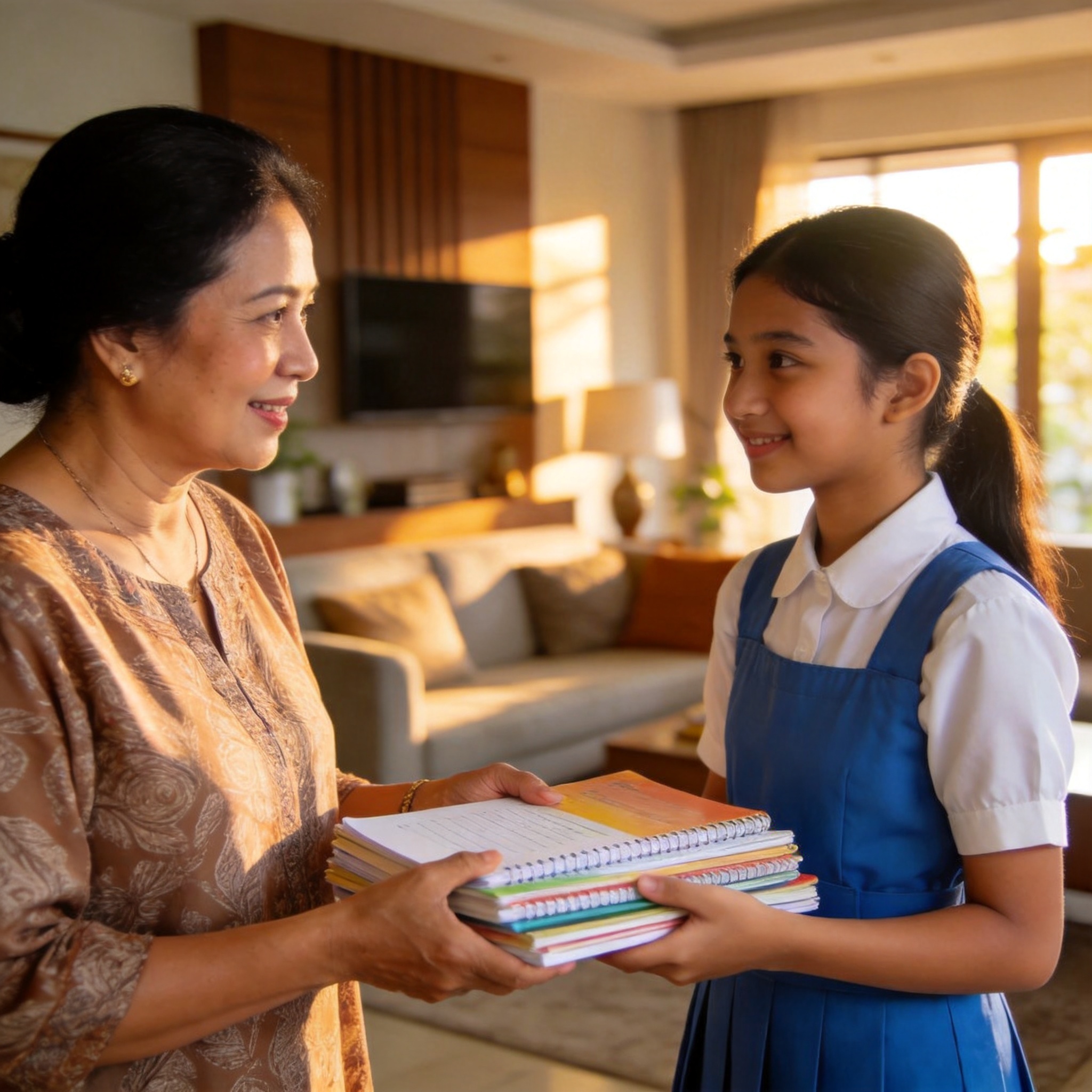 Malaysian mother handing books to her child
