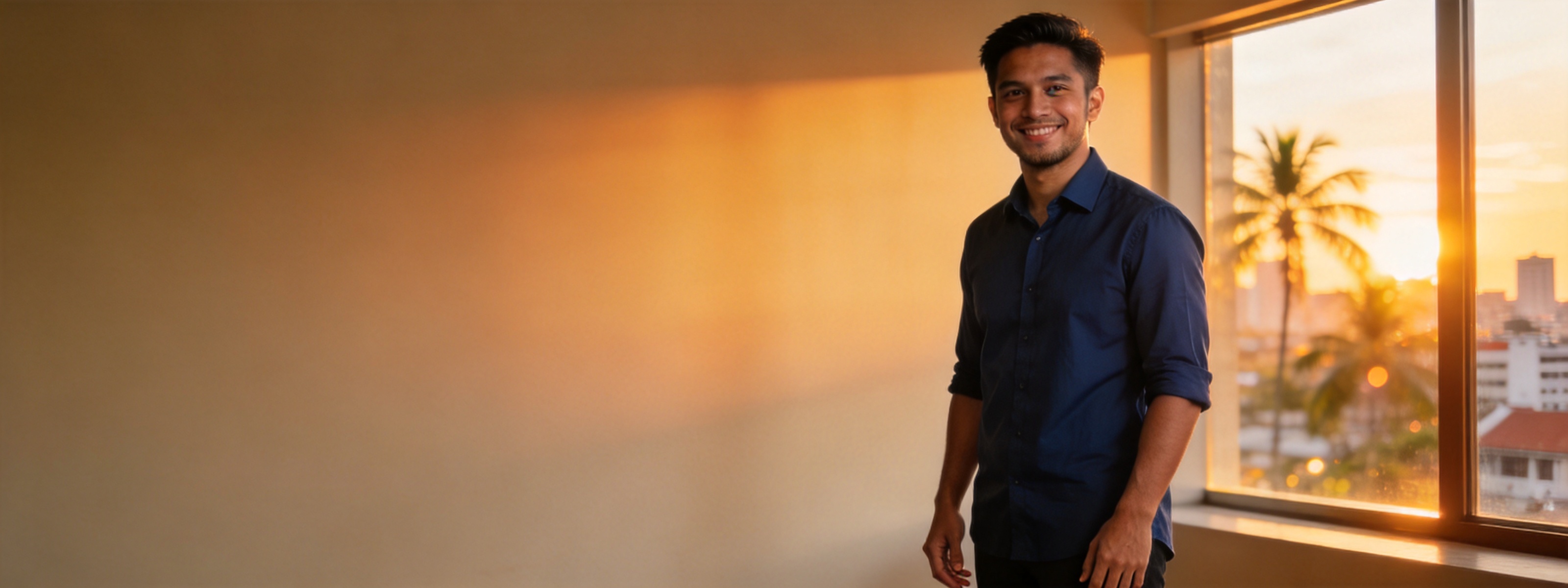 Malaysian working professional smiling in warm golden-hour light